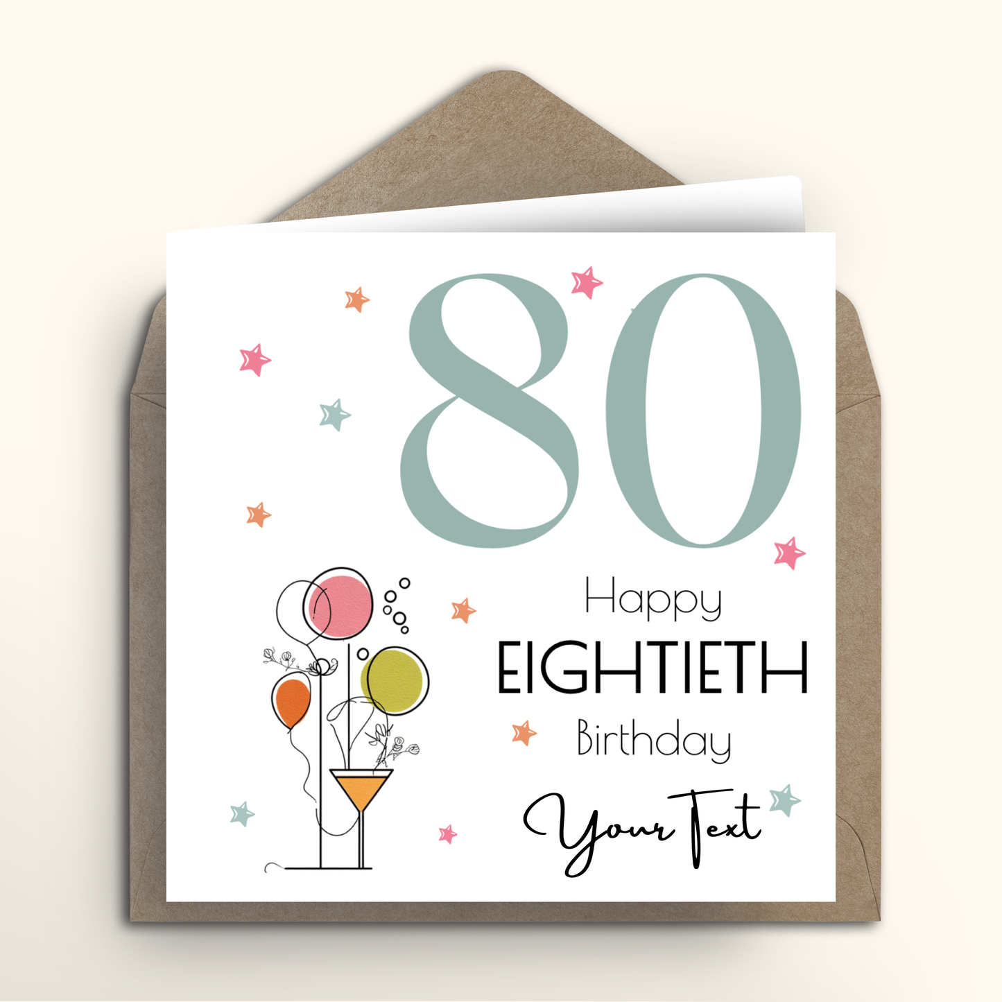 80th birthday card with colorful balloons and text on a white background