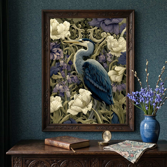 A framed art print featuring a blue heron among white flowers and purple foliage, displayed on a dark blue wall above a wooden console table with a blue vase of flowers and a book.