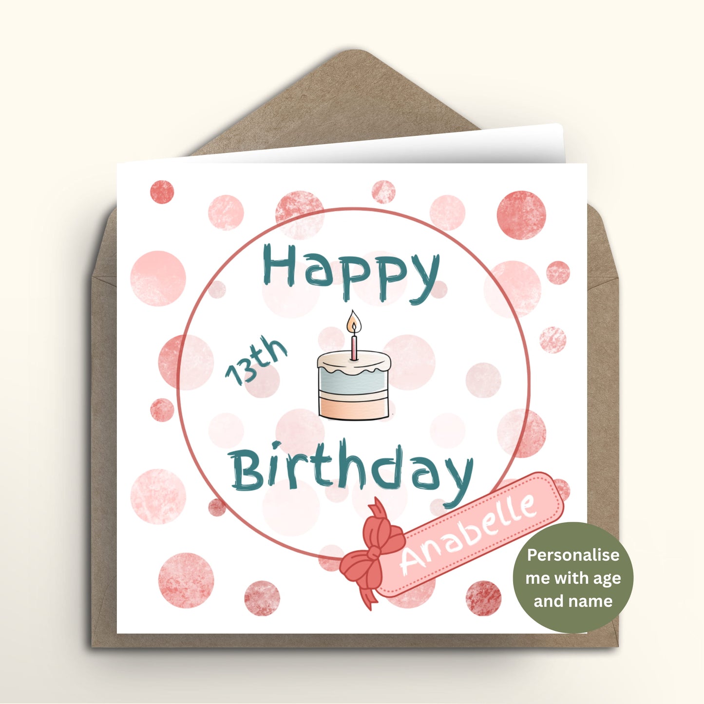 Birthday card with cake illustration and personalized text on a white background