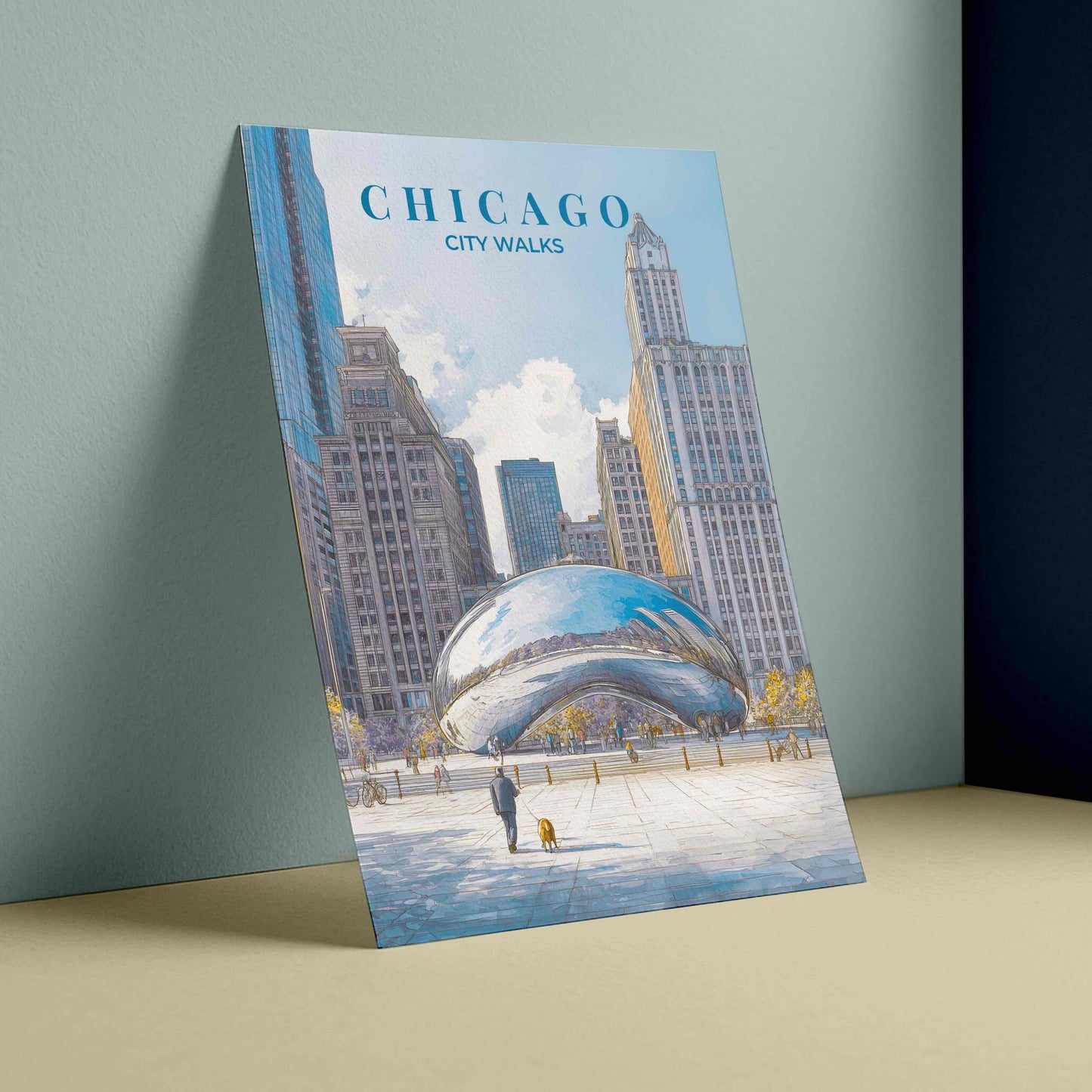 Book titled 'Chicago City Walks' with a cover illustration of the Bean and skyline.