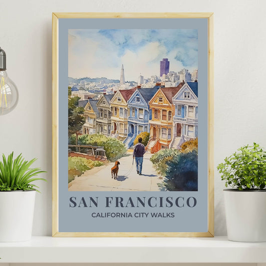 Watercolour San Francisco wall art showing a person walking a dog through the city, part of the City Walks poster series with soft light blue border options.