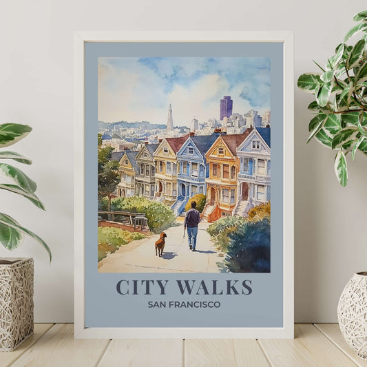 Watercolour San Francisco wall art showing a person walking a dog through the city, part of the City Walks poster series with soft neutral border options.