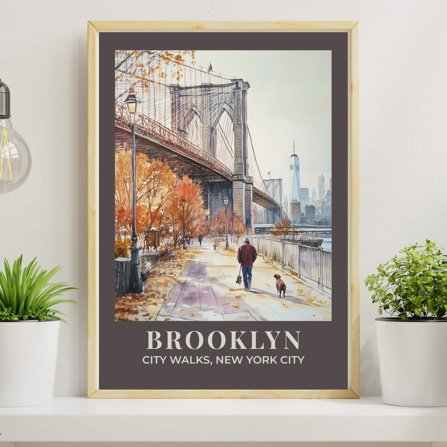 New York City Brooklyn poster showing Brooklyn Bridge Gothic arches and dog walking scene in fall, dark charcoal border, watercolour landmark art