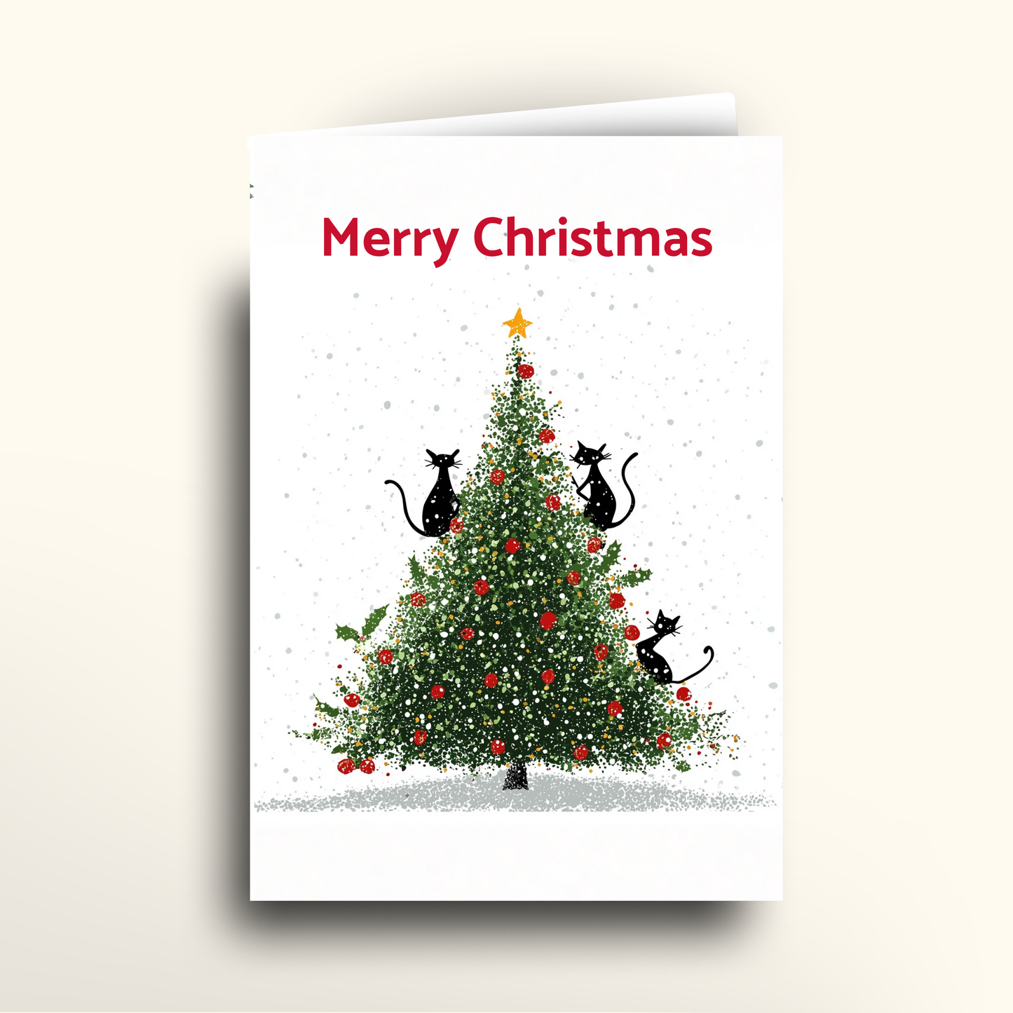 Christmas card with a Christmas tree and cats on a white background