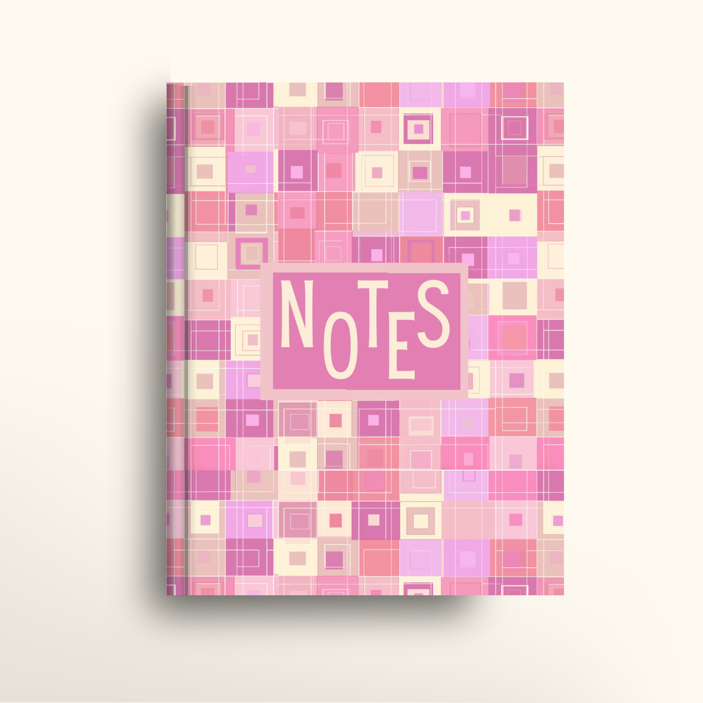 Notebook with pink and purple square pattern and 'NOTES' text on a white background
