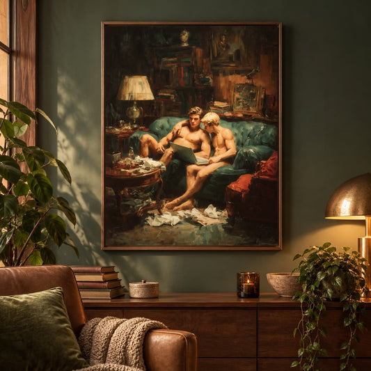A framed vintage-style painting hanging on a dark green wall above a wooden console table in a warmly lit living room. The artwork depicts two shirtless men lounging on a teal sofa with drinks and crumpled paper on the floor.