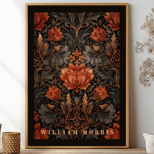William Morris exhibition poster dark academia rose botanical wall art print with burgundy and green vintage floral pattern on parchment cream background