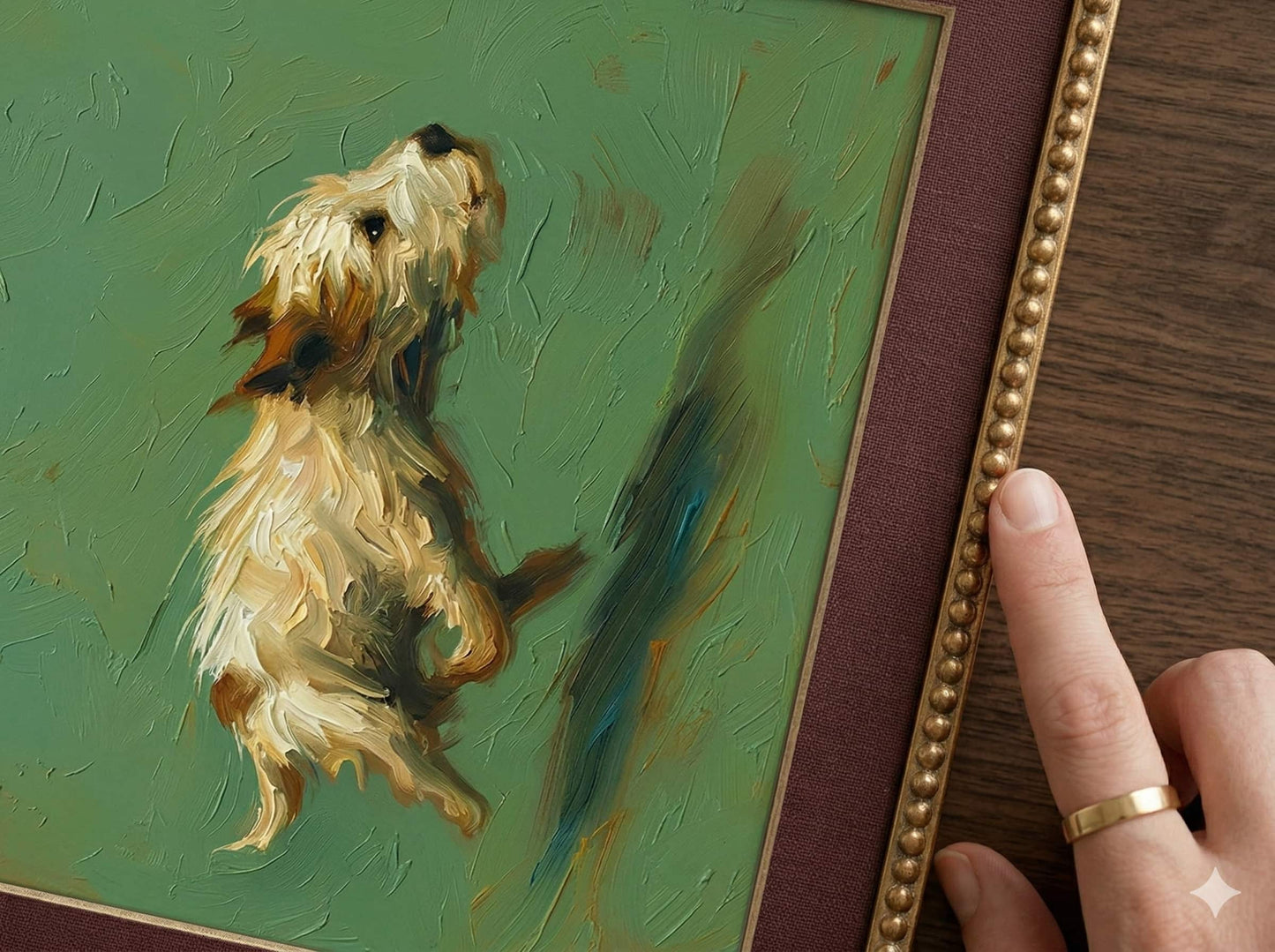 Vintage style oil painting of a small brown and white dog running in zoomies against a sage green background, perfect for rustic wall decor.