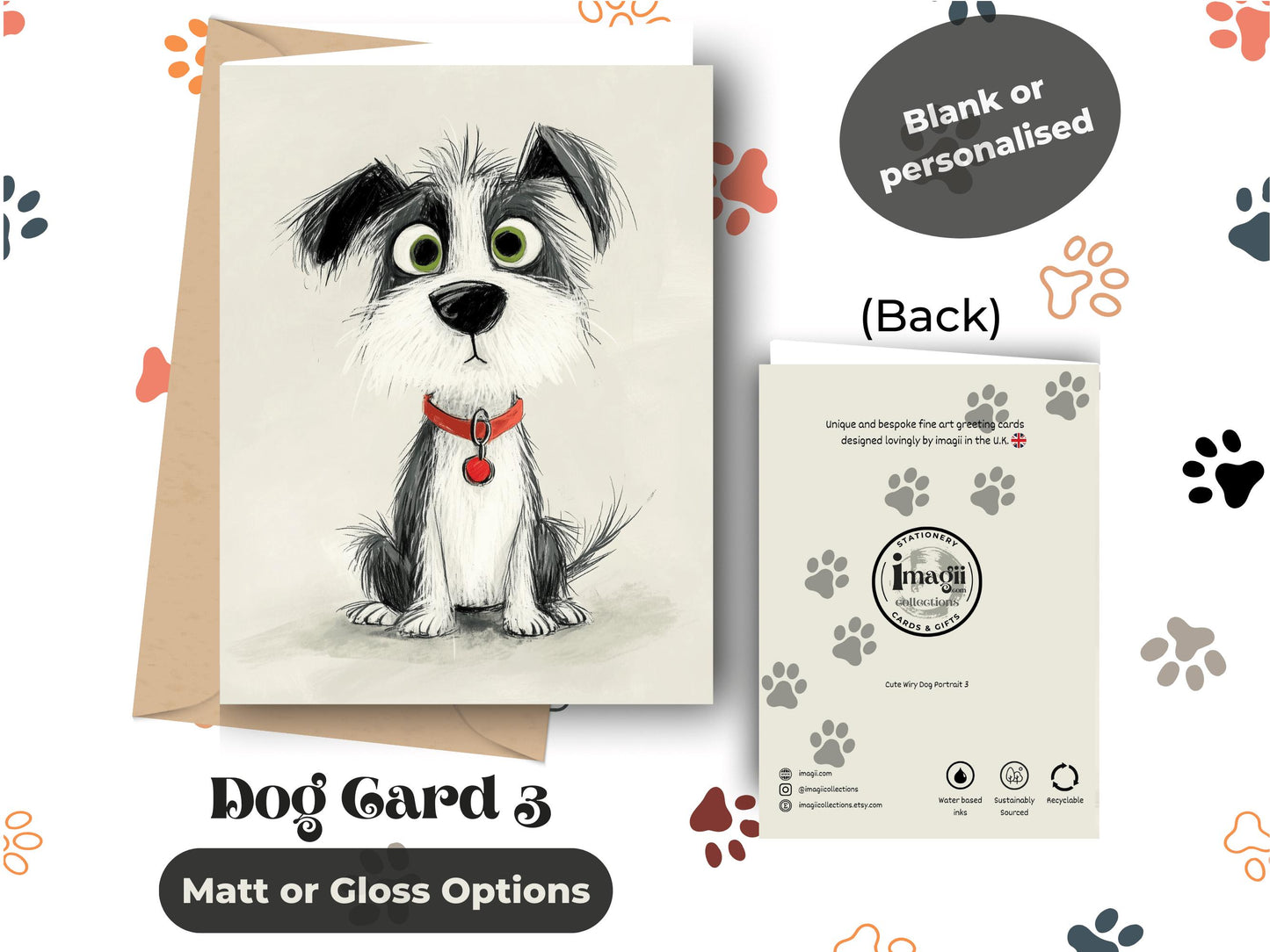 A greeting card featuring a colorful illustration of a cute dog with a red collar on a gray background.