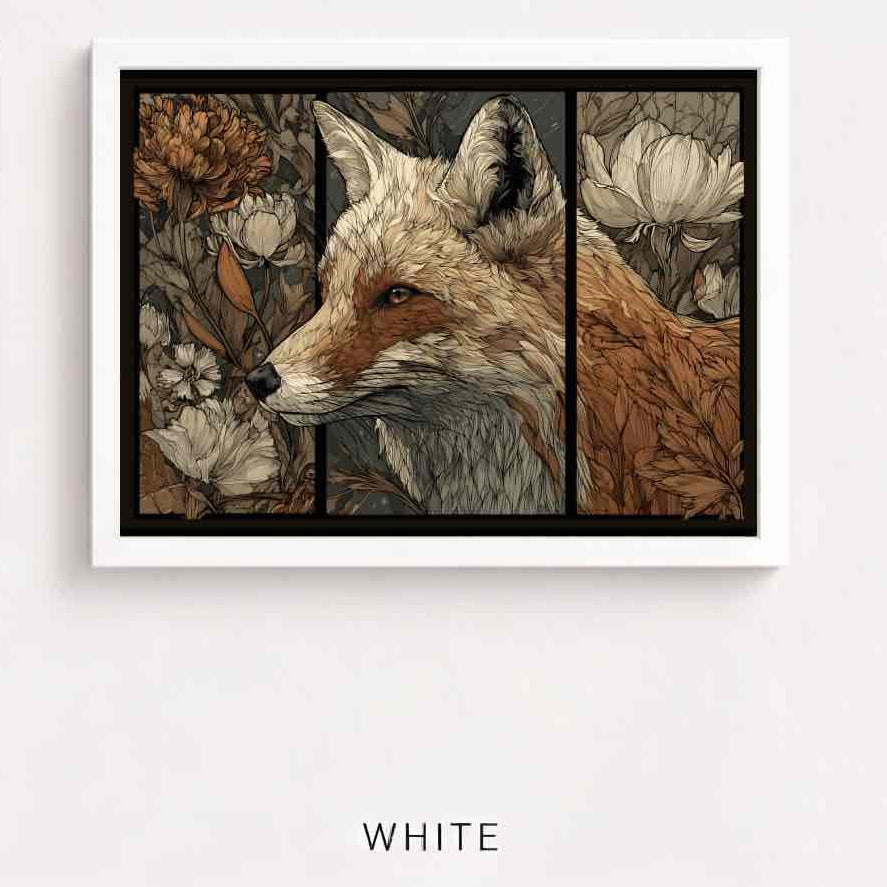 A framed fox illustration as a tapestry in three sections inspired by William Morris, labeled White