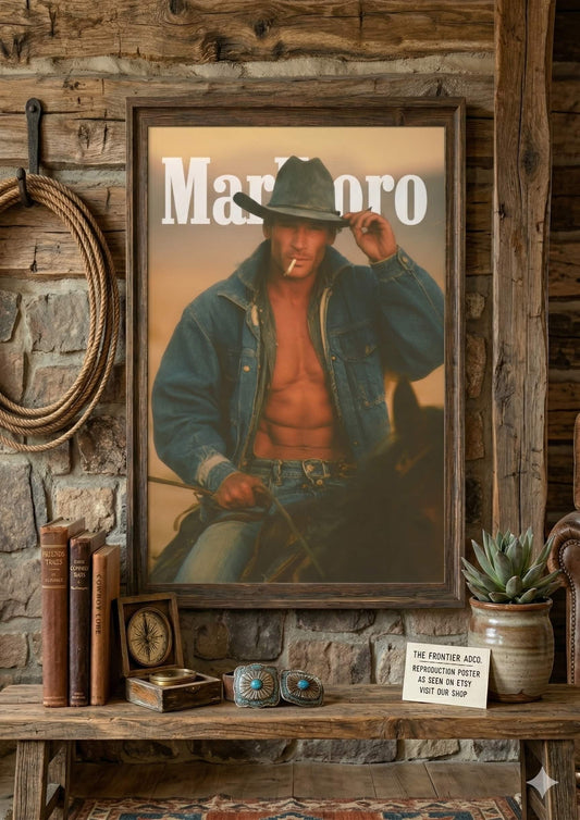 Vintage marlboro man smoking a cigarette riding a horse with open shirt exposing muscular body. White Marlboro logo at top.