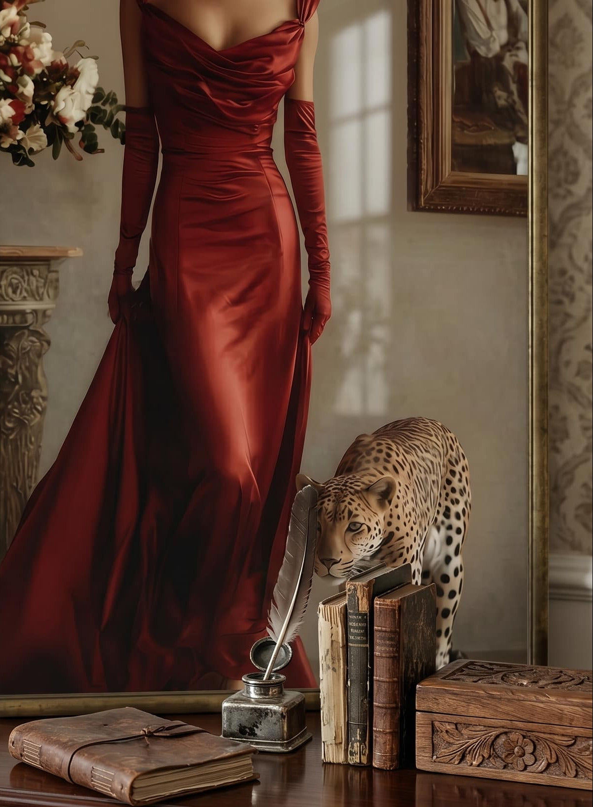 Woman in a red vintage dress with a framed magazine cover and room decor.