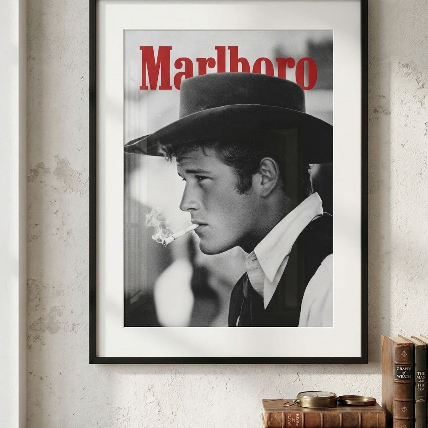 Vintage Cowboy Marlboro poster black and white retro wall art print featuring a cowboy smoking for man cave and americana decor