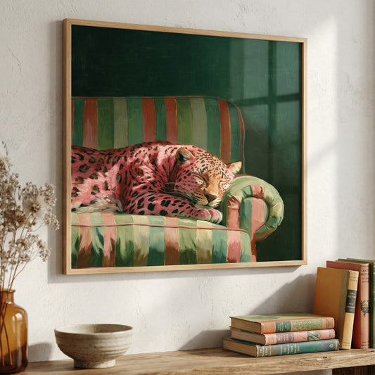Sleepy pink leopard resting on a retro striped green chair dark green background maximalist decor wall art