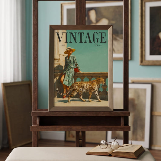 A magazine cover called "VINTAGE" with a woman in a teal floral dress leaning against a stone wall with a large brimmed hat on a sunny day, bright red lipstick, teal background, european arhitecture feeling, a cheetah or leopard walking by her.
