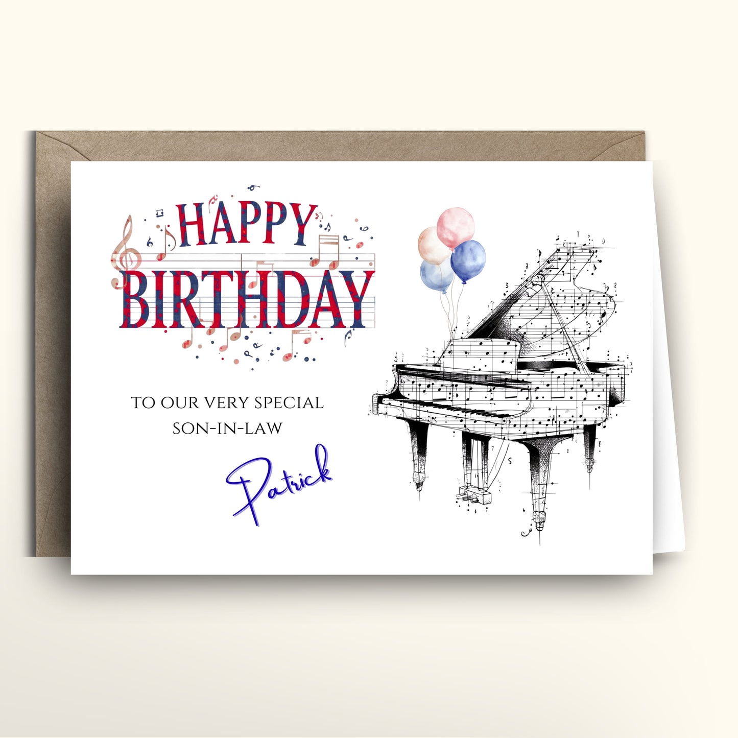 Birthday card for a son-in-law with a piano illustration and personalized text.