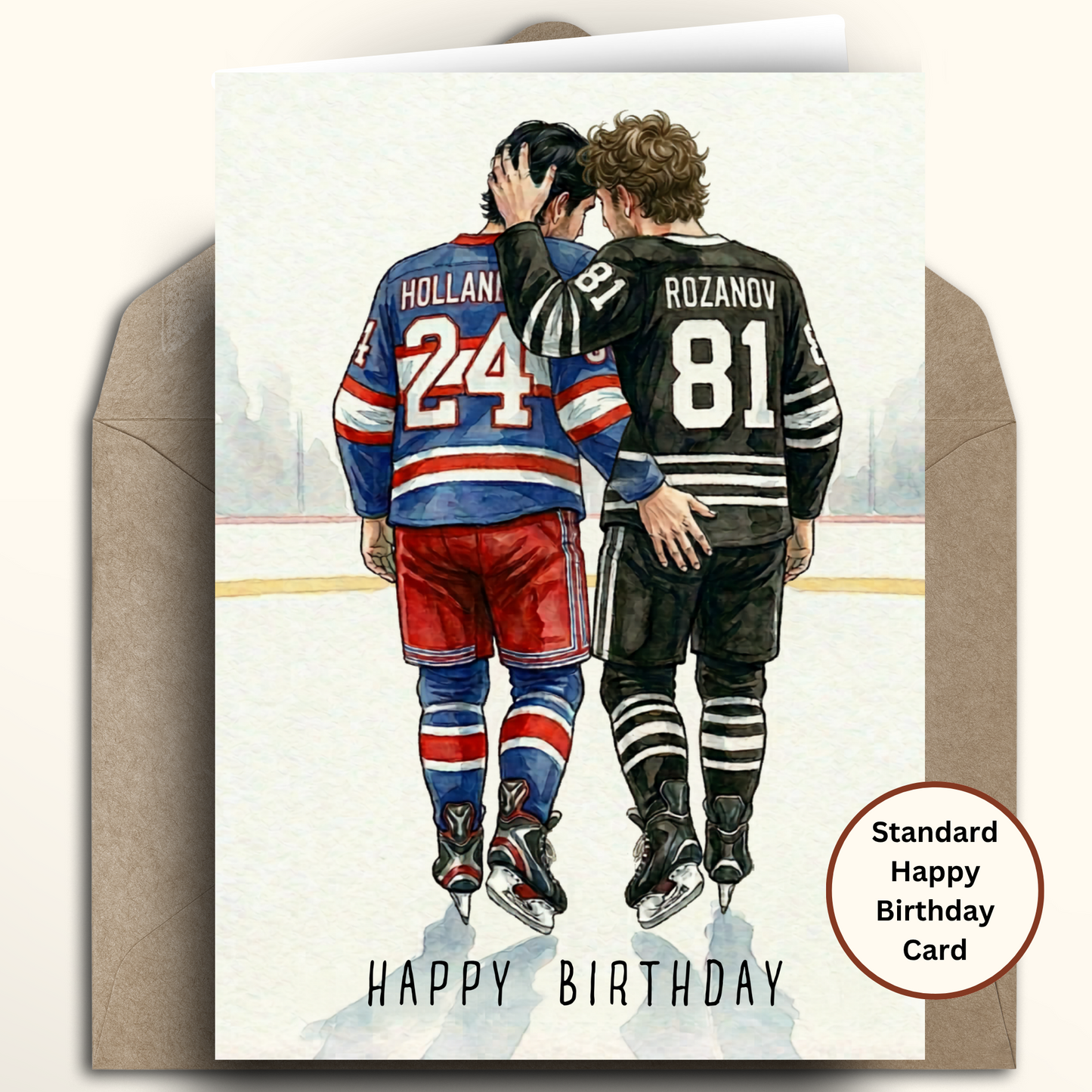 Happy Birthday card with Kraft enveloped featured Heated Rivalry inspired hockey players hugging on the ice, cheeky touch to bum, featuring 24 Shane Hollander and 81 Ilya Rozanov.