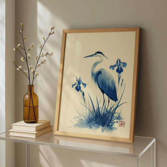 Framed artwork of a blue heron and iris flowers on a shelf with a vase and books.Blue heron and water iris sumi-e print in indigo and cream — Japanese watercolour wall art with cinnabar seal