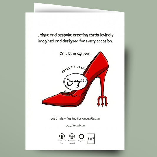 Greeting card with a red high-heeled shoe design on a white background