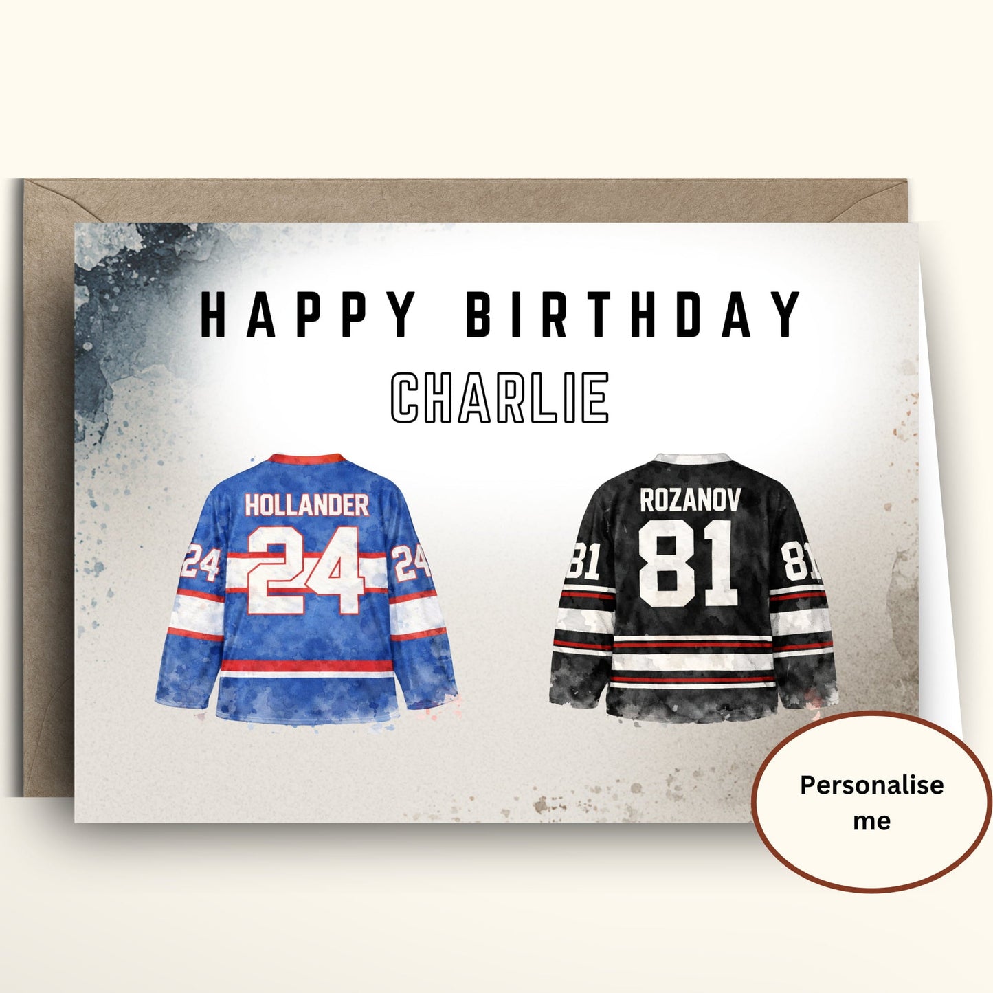 Two hockey jerseys with hollander and rozanov and 24 and 81 respectively on a card, 'I'm coming to the cottage' theme, with text 'Happy Birthday'