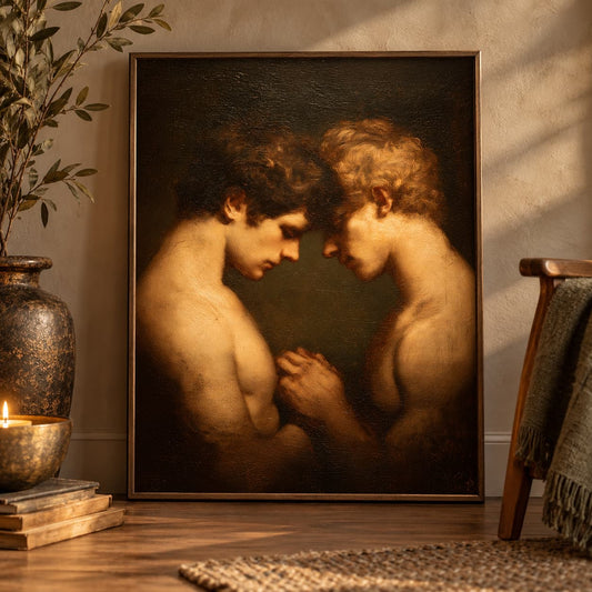 A large framed classical-style painting leaning against a wall in a warmly lit room. The artwork depicts two shirtless men facing each other with their hands together, rendered in dark, chiaroscuro tones.