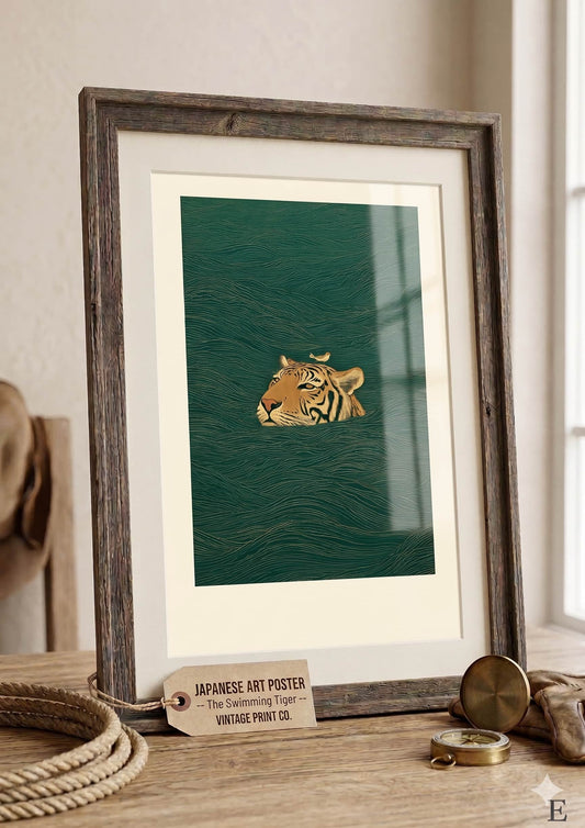 Japanese Swimming Tiger & Bird Art Poster