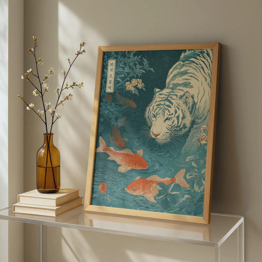 Framed artwork of a tiger and goldfish on a shelf with a vase and books. Japanese woodblock-style art print of a white tiger gazing into a teal koi pond, with three orange koi fish swimming in the foreground, cherry blossoms, lush foliage, and traditional Japanese calligraphy seals, in a deep teal and burnt-orange palette.