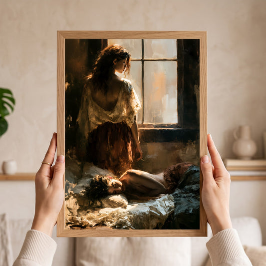 A person holds a framed art print featuring a classical painting of a woman looking out a window, with another figure lying on the floor. The print is enclosed in a light wood frame, and the hands holding it are visible against a softly blurred indoor background. Sapphic, wlw.