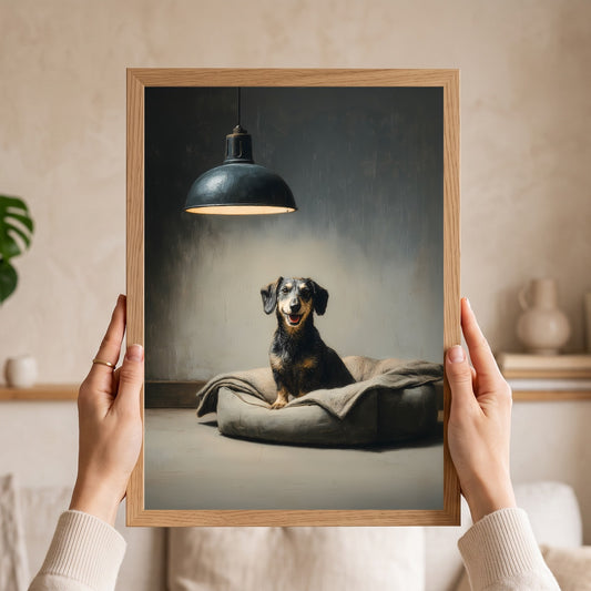 A person holds a framed art print featuring a dachshund sitting on a pet bed under a hanging lamp. The print is in a light wood frame, and the background shows a softly lit indoor room with shelves and decor.