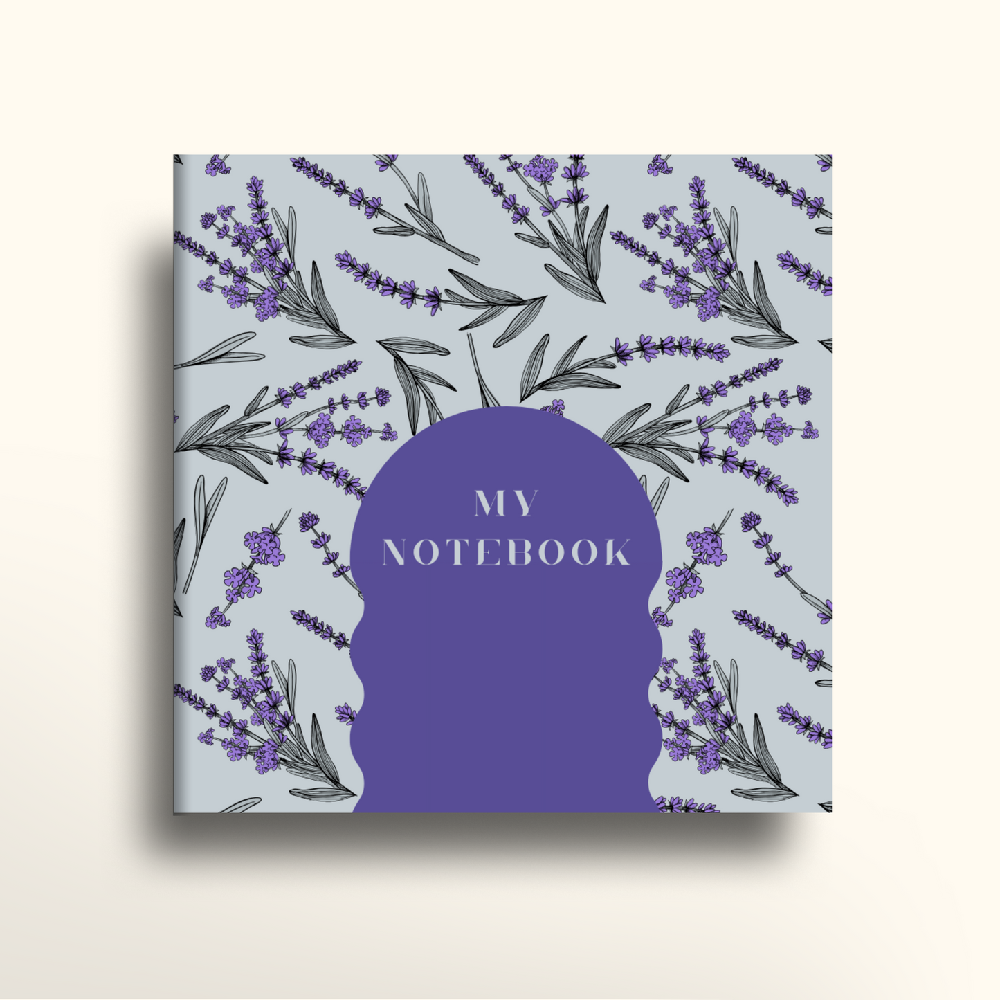 Notebook with lavender design and 'My Notebook' text on a light blue background