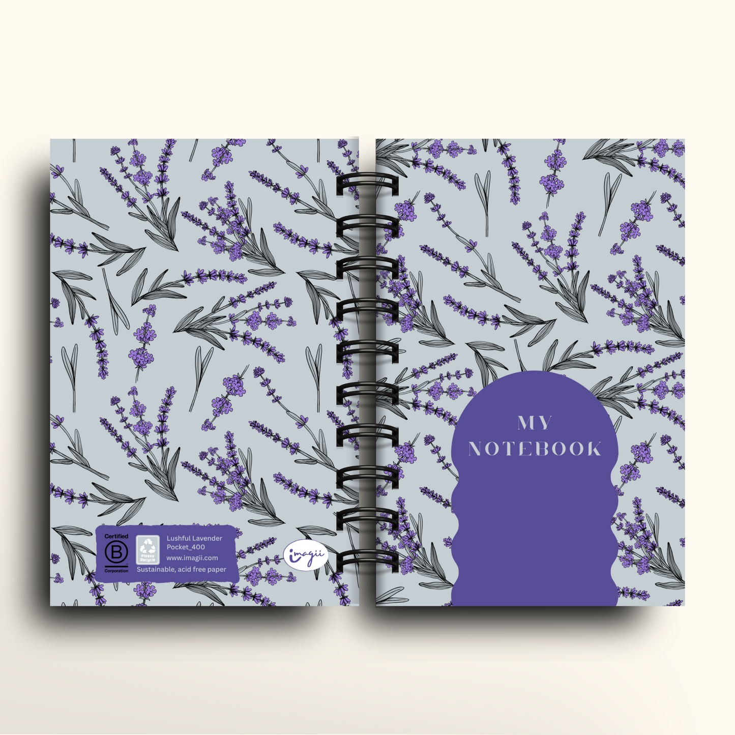 Spiral notebook with lavender design and the words My Notebook on the cover