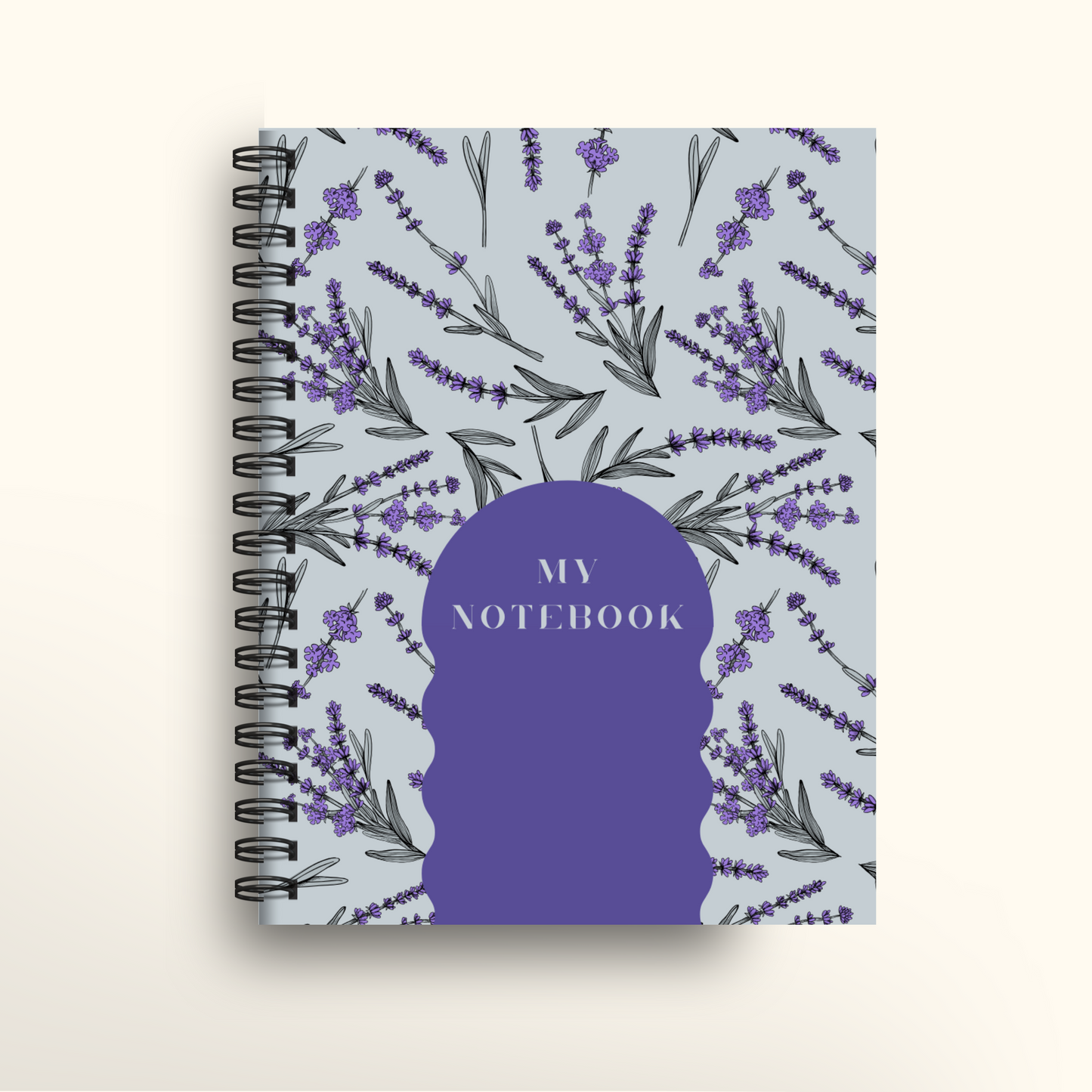 Spiral notebook cover with lavender theme and the word 'My Notebook' written on the front.