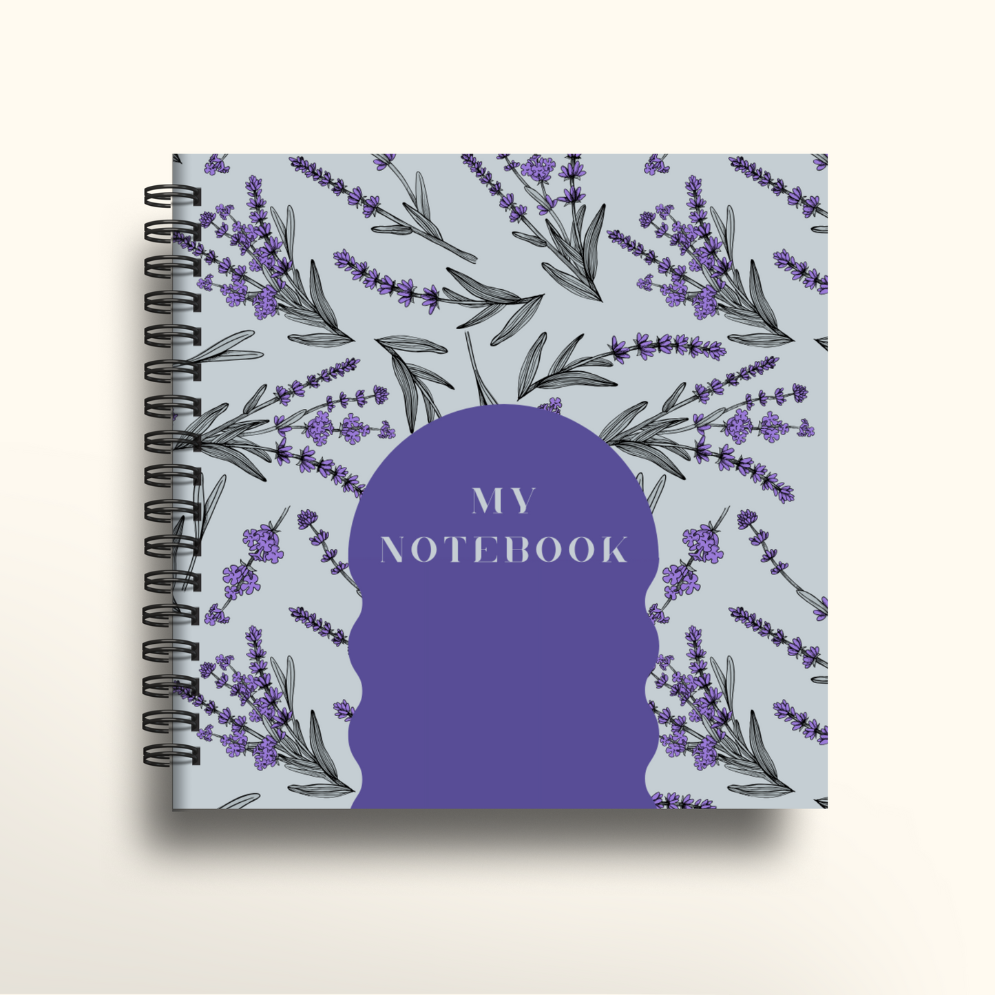 Notebook with lavender design and 'My Notebook' text on a light blue background
