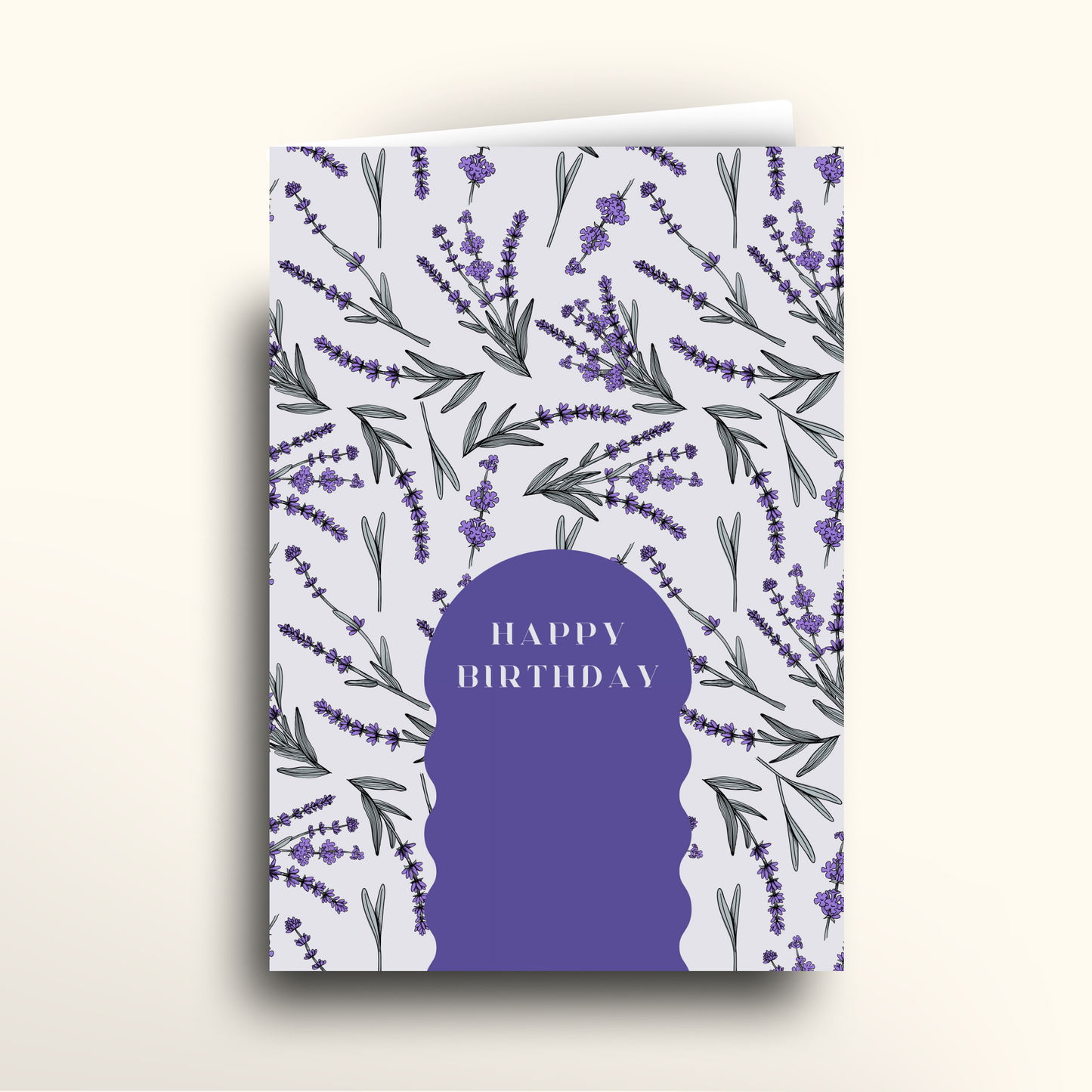 Greeting card with lavender design and 'Happy Birthday' text