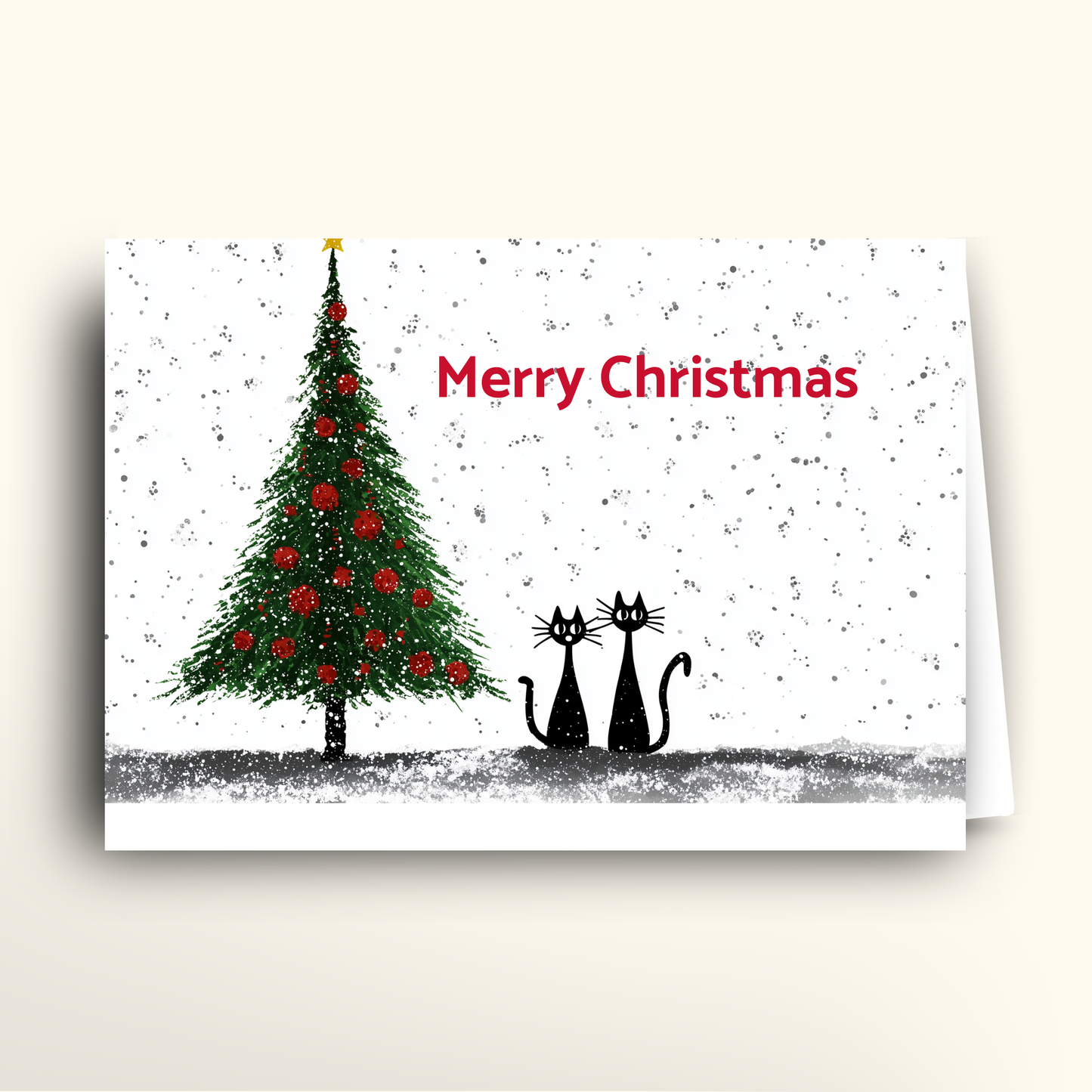 Christmas card with a Christmas tree and two cats under a 'Merry Christmas' text on a snowy background.