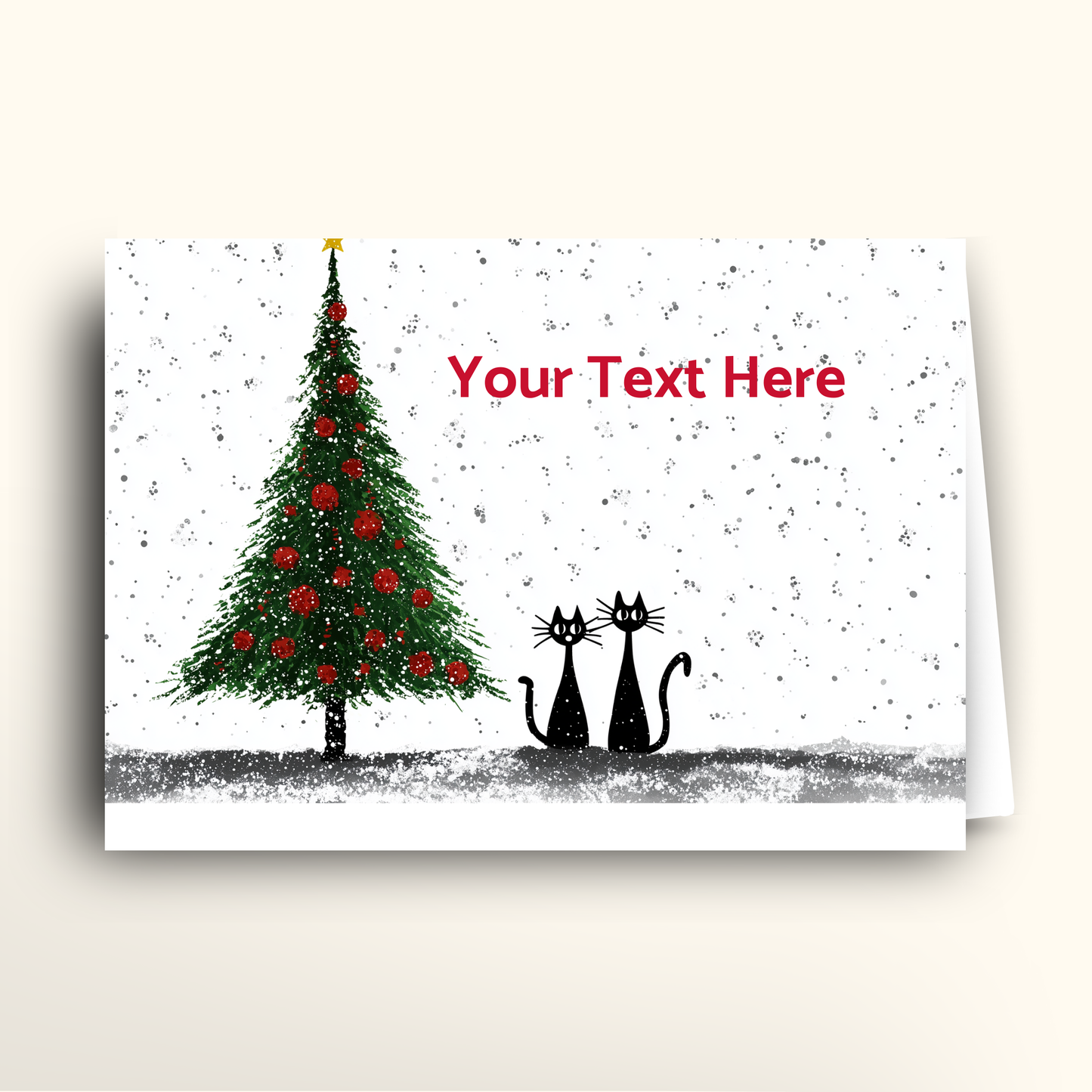 Christmas card with a Christmas tree and two cats, customizable text area.