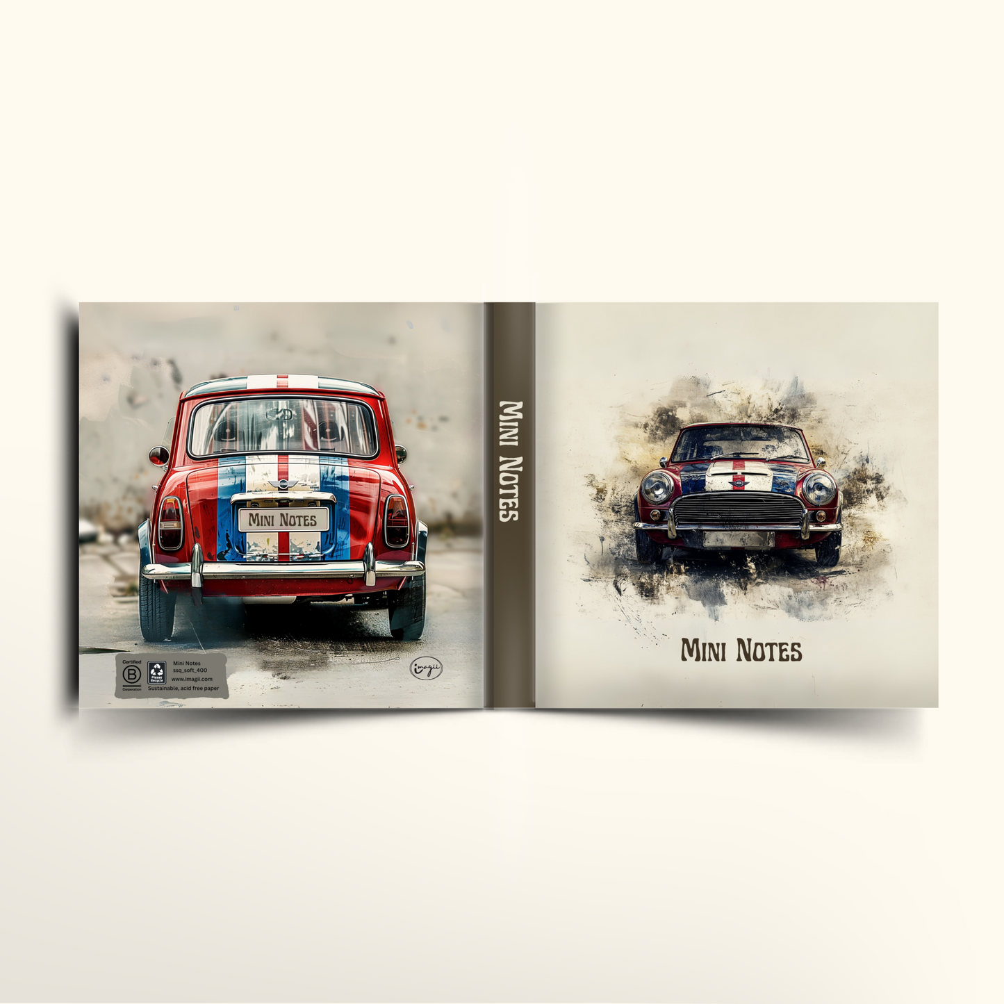 Notebook with a red and white mini cooper car design on the cover and back