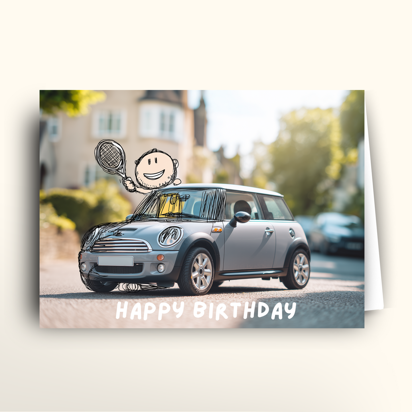 Birthday card with a Mini Cooper car and cartoon character on a blurred street background