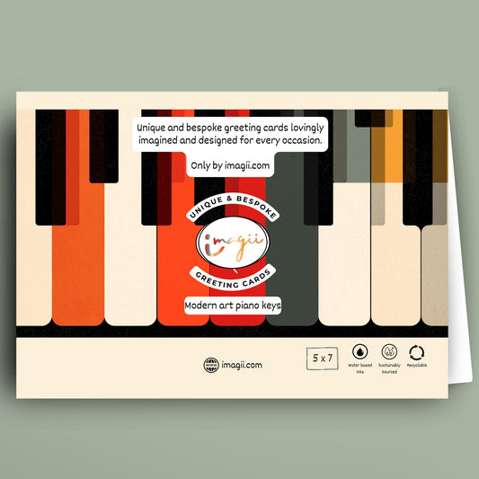 Personalized mid century modern retro piano keys birthday card with Saul Bass style graphic illustration in orange red black and cream.