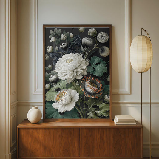 Floral artwork on a wall above a wooden cabinet with a lamp and books.Moody Pimpernel Floral Art, William Morris Inspired, Dark Floral Decor, Art Nouveau Print, Elegant Wall Art