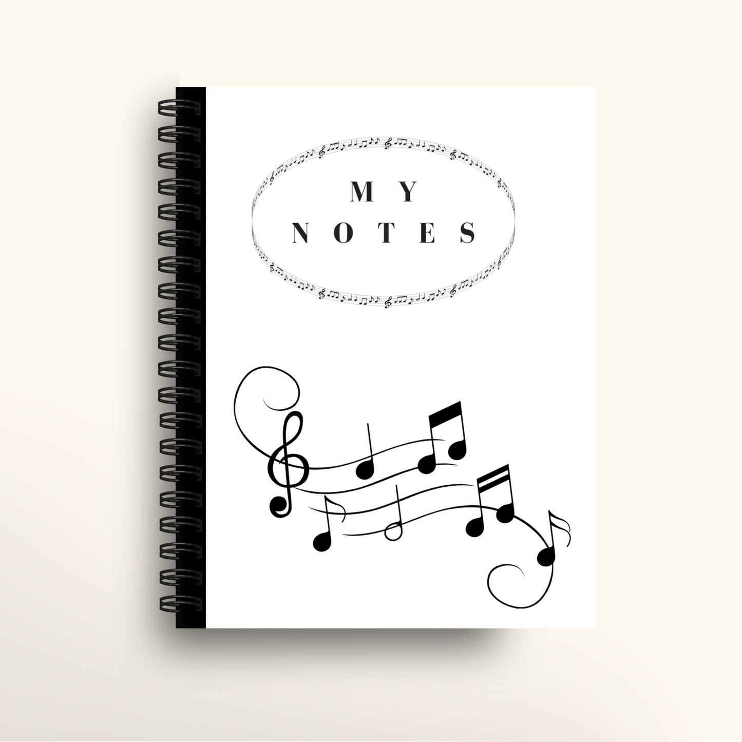 Spiral notebook with musical notes design on a white background