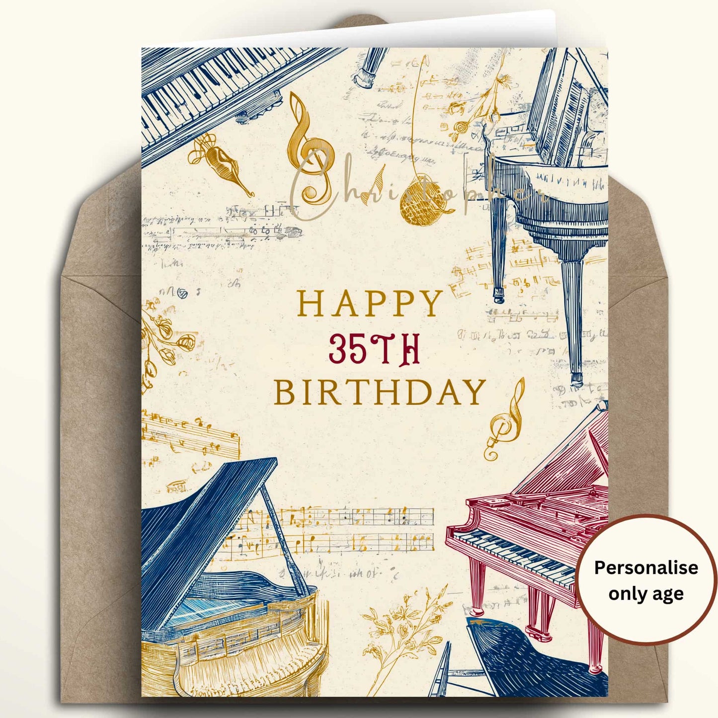 Musical piano theme birthday card with a speckled, matte finish in cream, light grey, and dark grey. Each piano features a simple, modern design.