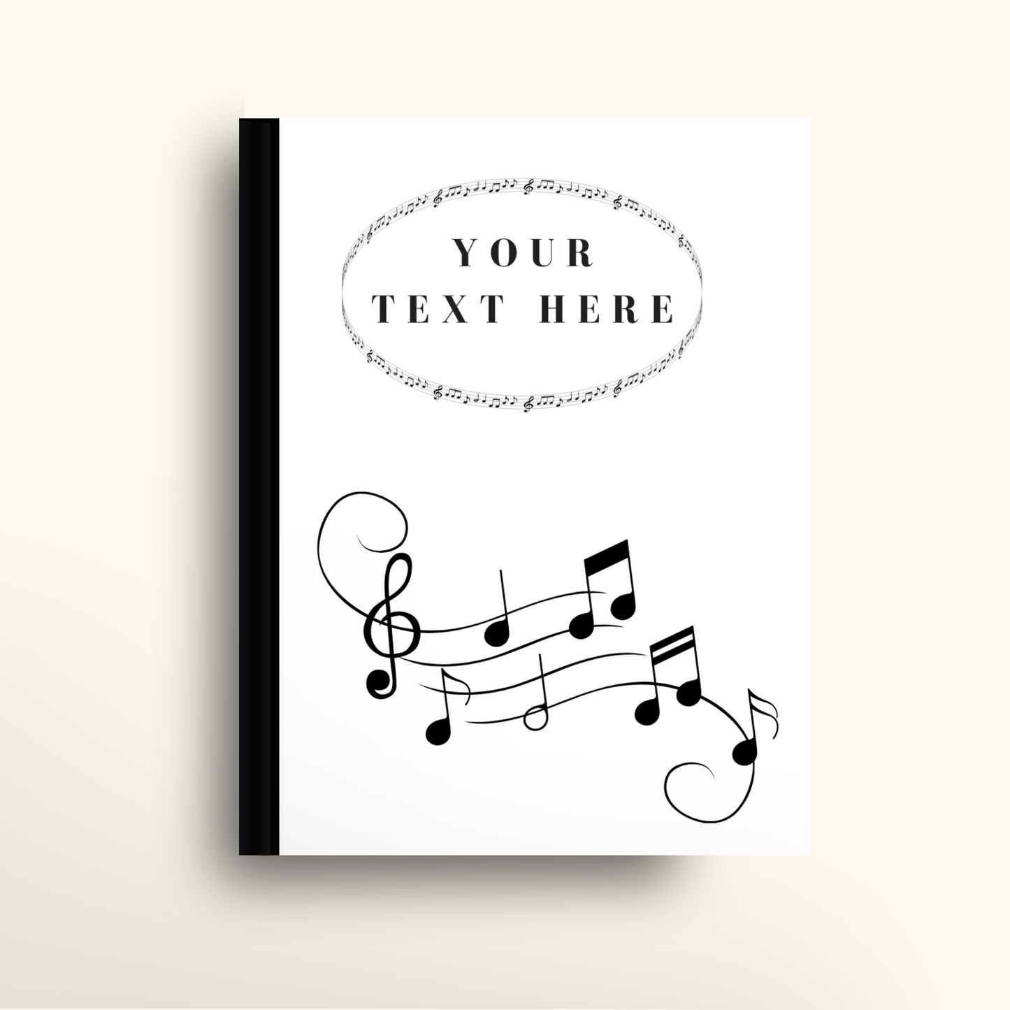 Notebook cover with music notes and customizable text area on a white background