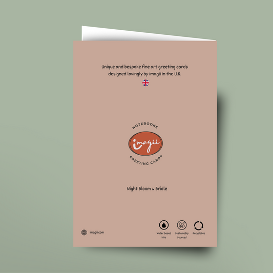 back of Night Bloom & Bridle greeting card with 'imagii' branding on a light green background