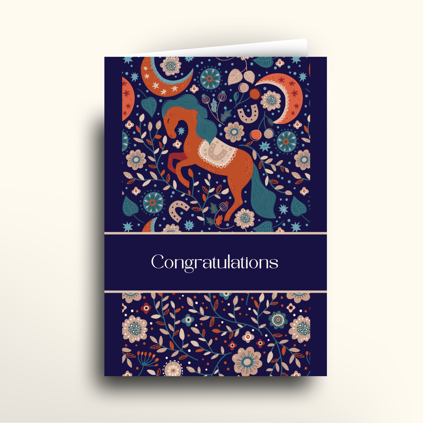 Greeting card with floral and horse design on a blue background, featuring the word 'Congratulations'.