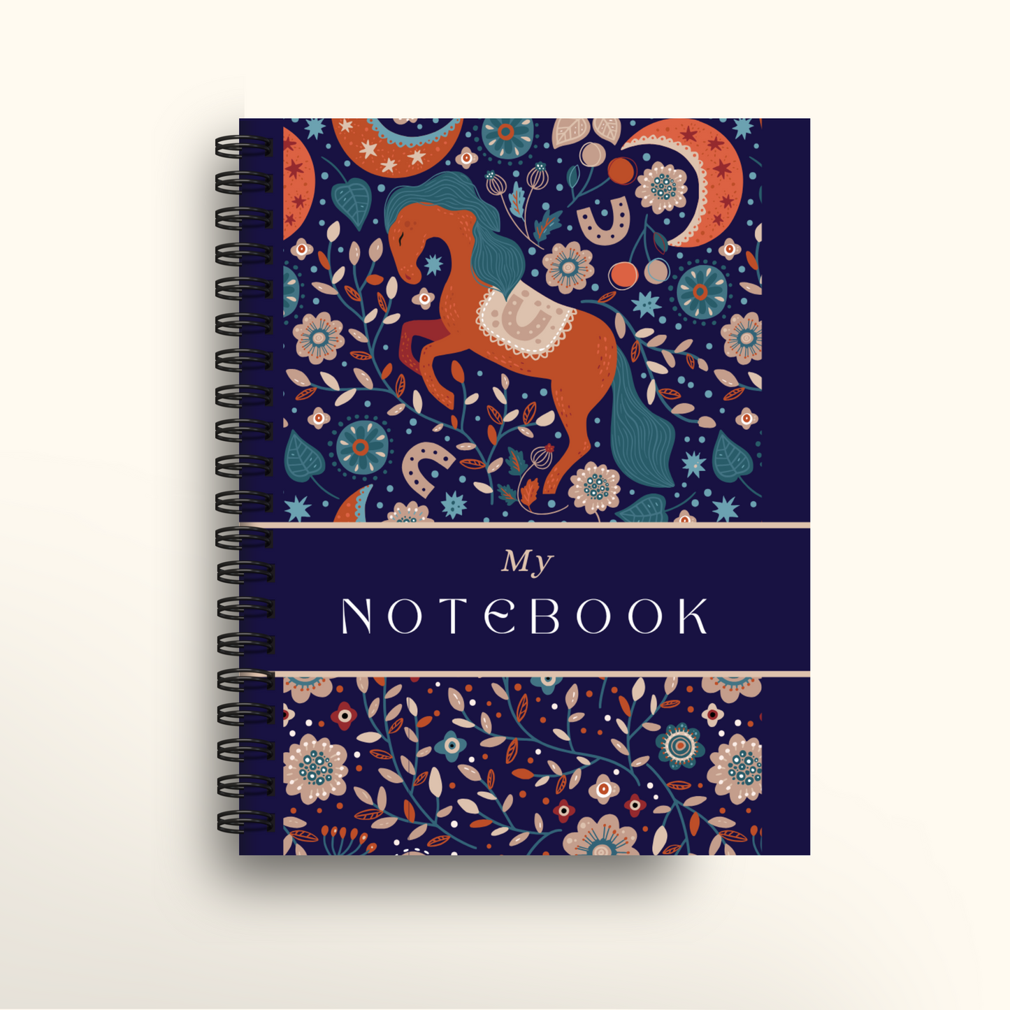 Notebook with a colorful horse and floral design on a blue background