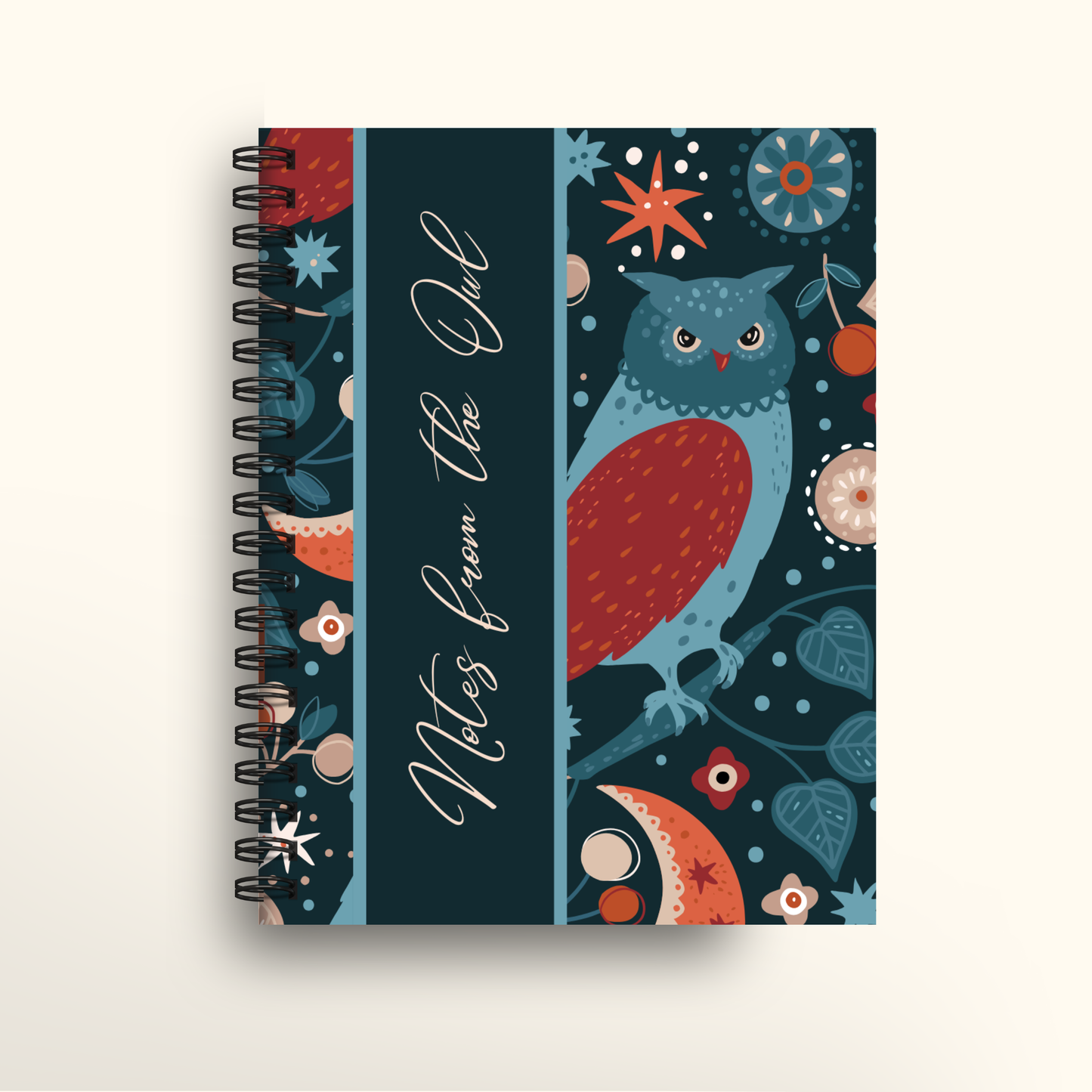 Notebook with owl design and text on a white background