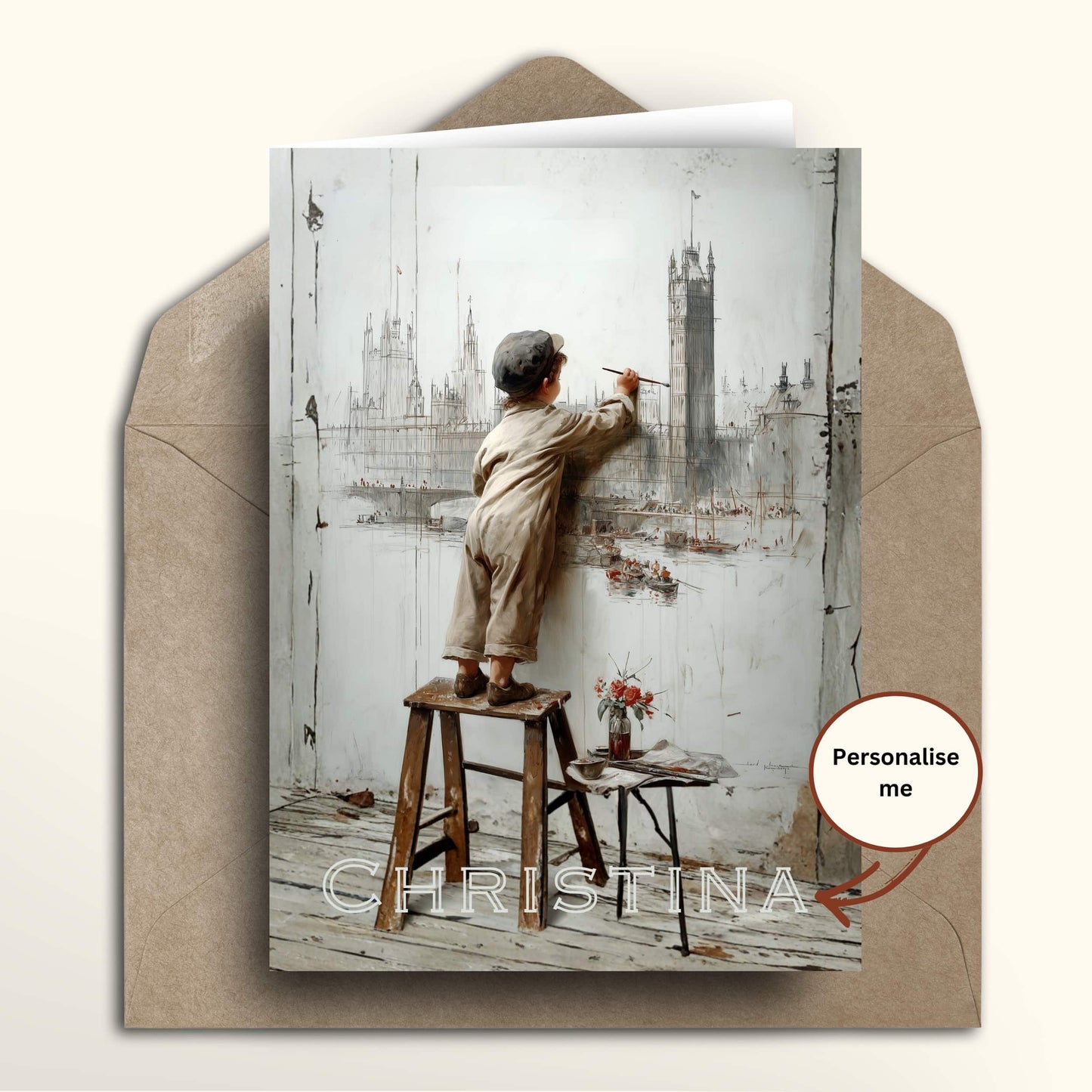 Vintage-style London skyline greeting card showing a child painting a cityscape, soft sketch and watercolour look.