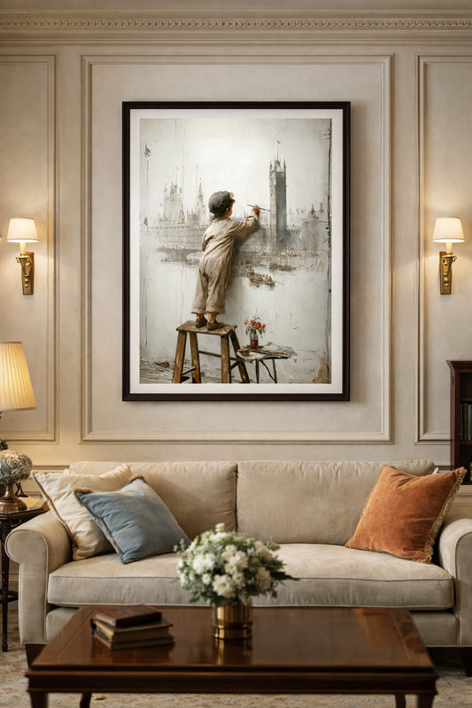Watercolour-style poster of a small child standing on a stool, painting the London skyline with the Palace of Westminster and Big Ben in delicate pencil sketch lines and soft neutral tones.