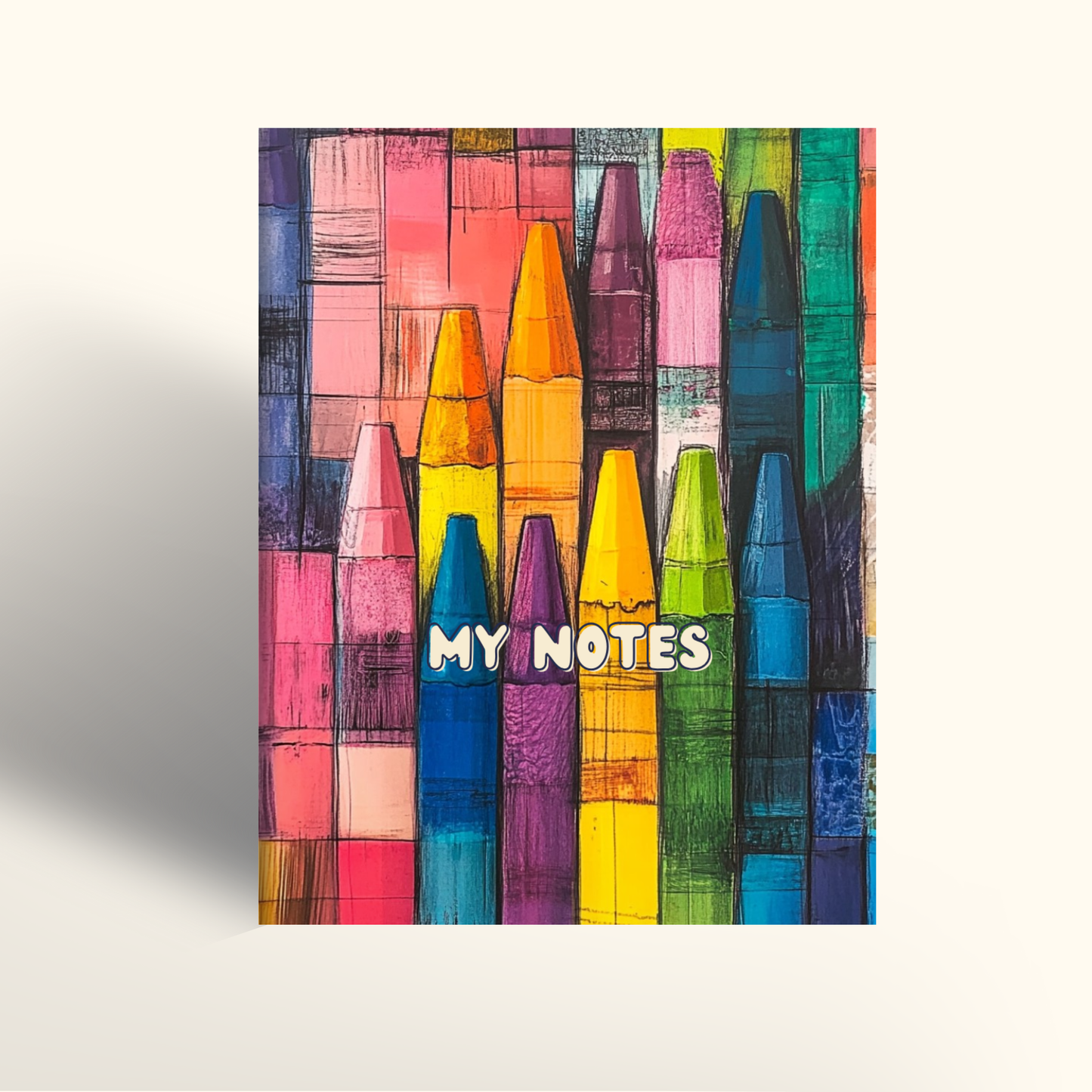 paperback Notebook cover with colorful crayon design and 'MY NOTES' text on a white background